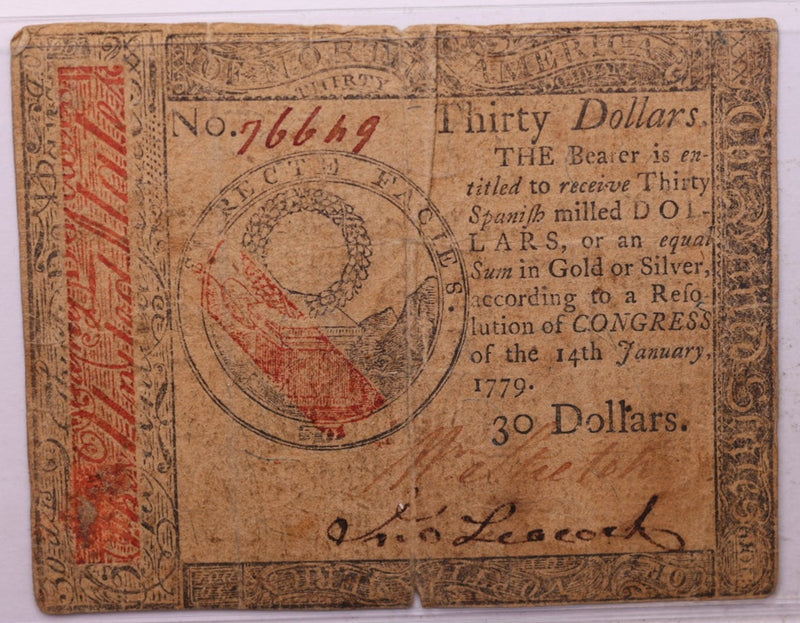 January 14, 1779. $30, Continental Colonial Currency, Affordable Collectible Currency, Sale