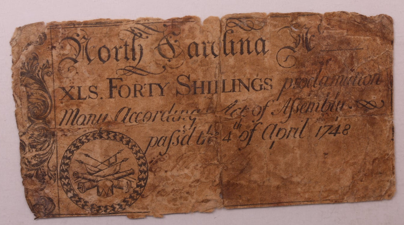 April 4, 1748, 40 Shillings. North Carolina, Colonial Note, PMG VG10, Store #GCY009.