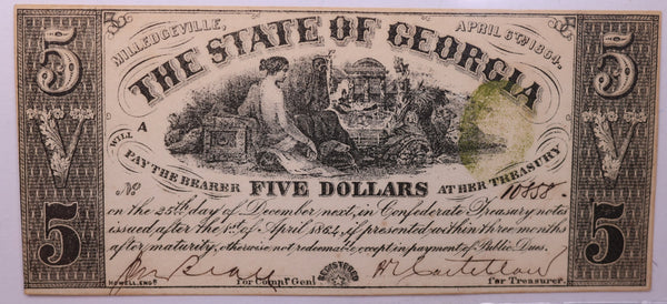 1864 $5 State Of Georgia, 'Milledgeville', Currency, Affordable Collectible Currency, Sale #353475