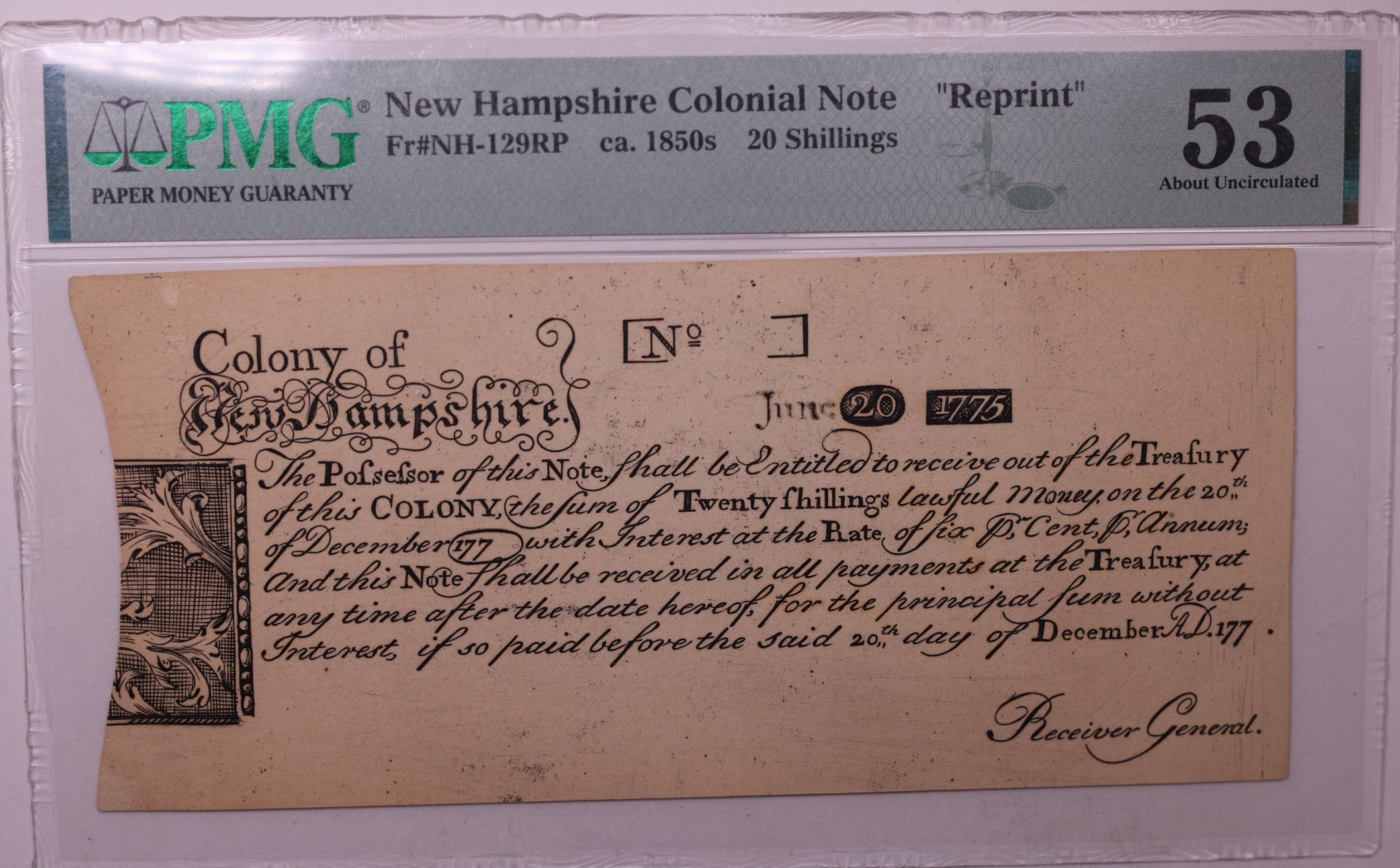 1850's, 20 Shillings, Reprint, New Hampshire, Colonial Note, PMG AU-53, Store #GCY010.