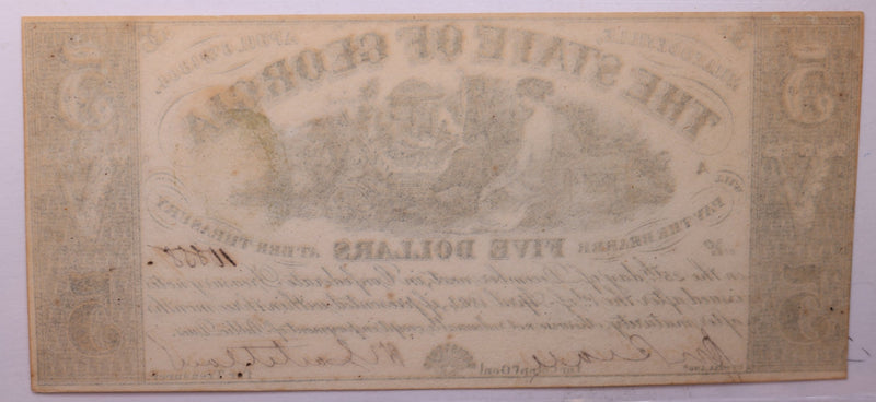 1864 $5 State Of Georgia, 'Milledgeville', Currency, Affordable Collectible Currency, Sale