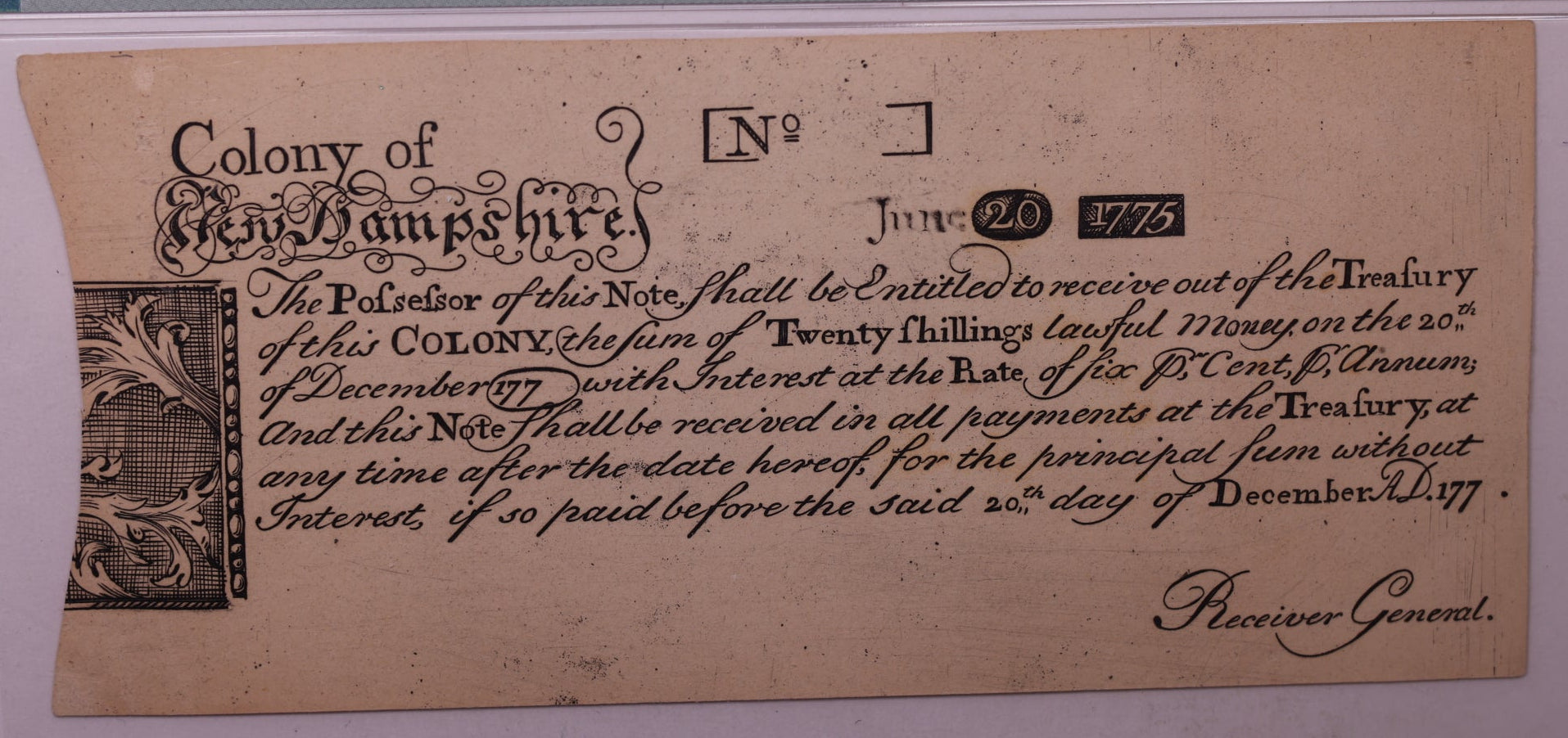 1850's, 20 Shillings, Reprint, New Hampshire, Colonial Note, PMG AU-53, Store #GCY010.