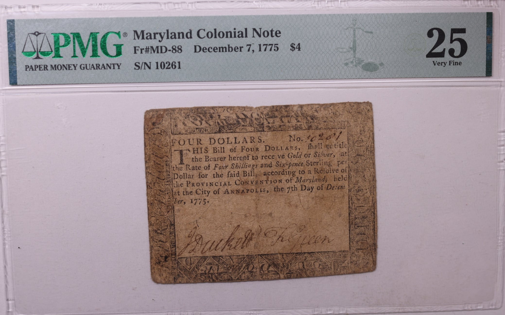 December 7, 1775, $4. Maryland, Colonial Note, PMG VF25, Store #GCY011.