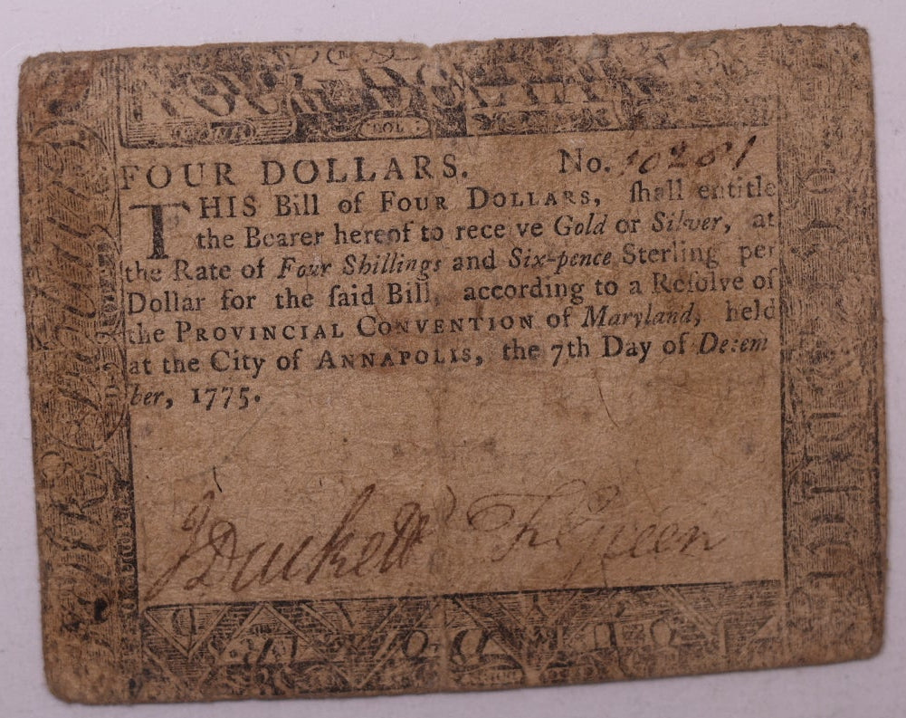 December 7, 1775, $4. Maryland, Colonial Note, PMG VF25, Store #GCY011.