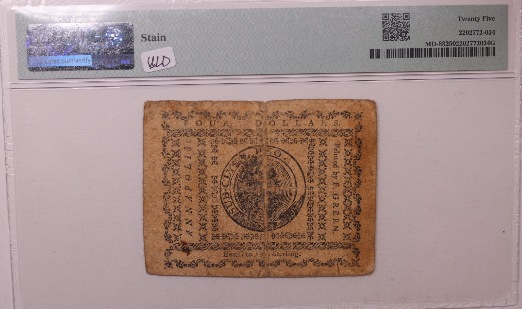 December 7, 1775, $4. Maryland, Colonial Note, PMG VF25, Store #GCY011.