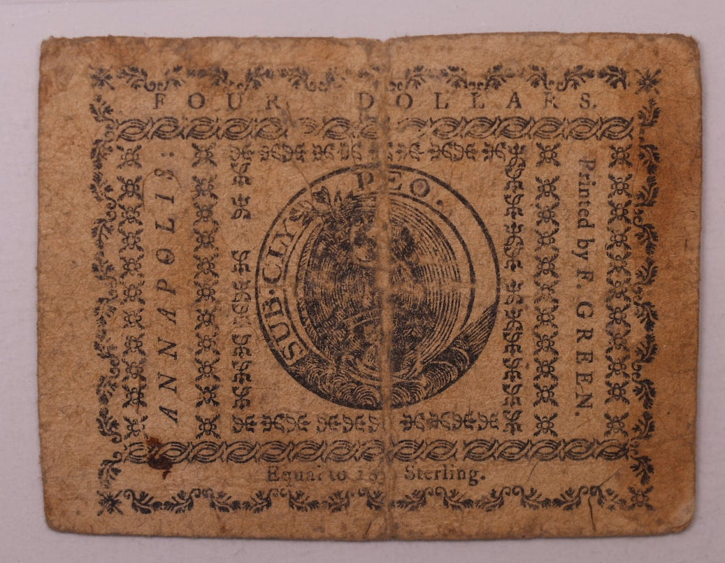 December 7, 1775, $4. Maryland, Colonial Note, PMG VF25, Store #GCY011.