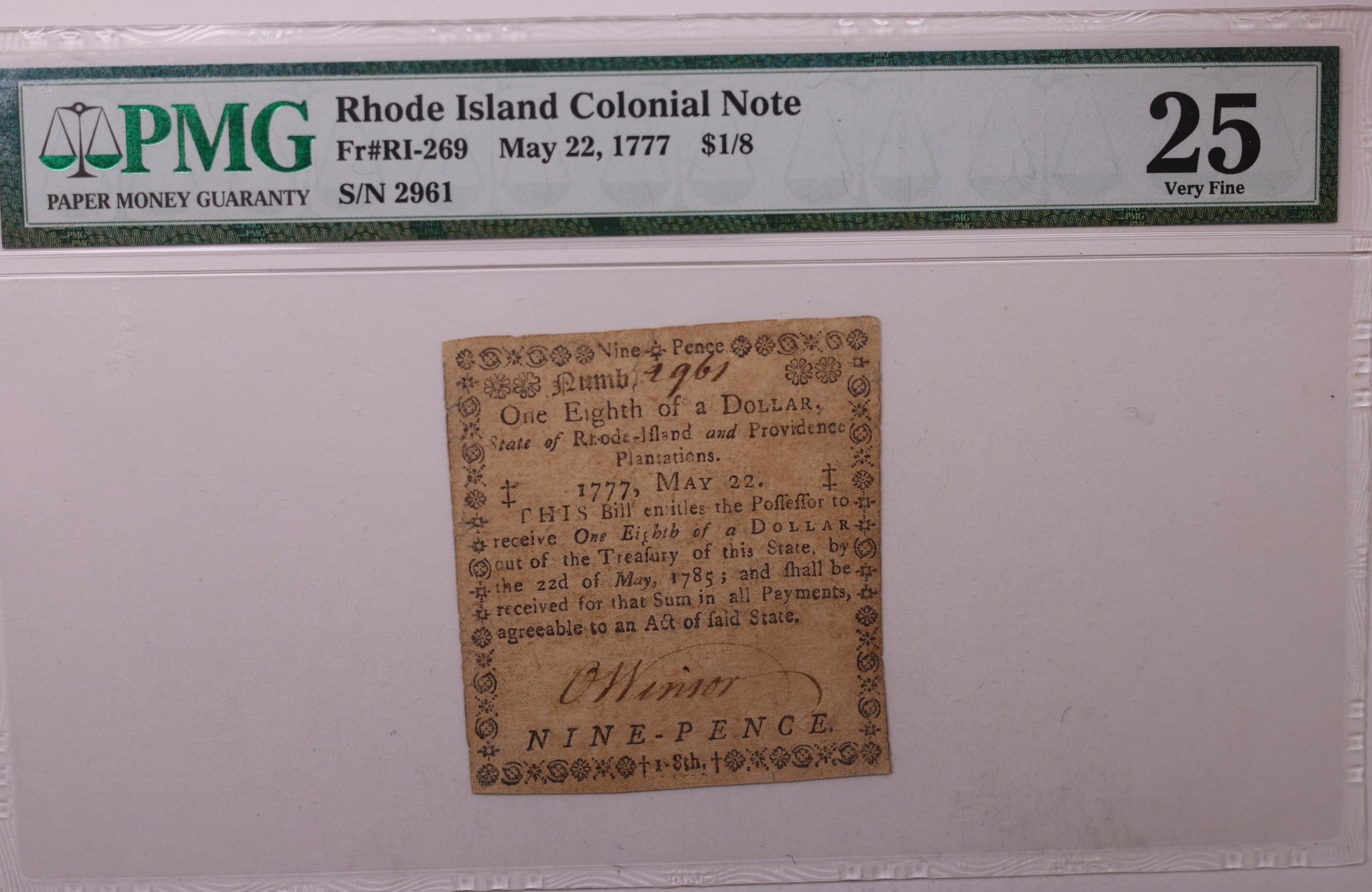 May 22, 1777, $1/8., Rhode Island Colonial Note, PMG VF25, Store #GCY012.