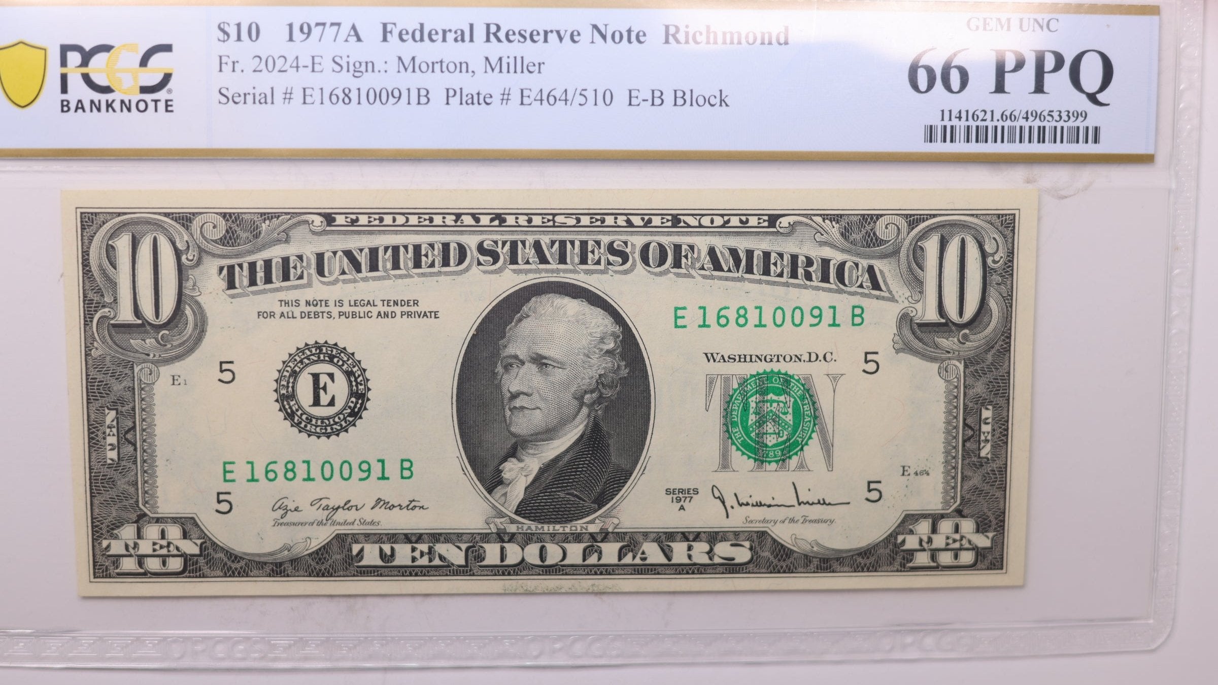 1977 A, $10 Federal Reserve Note., PCGS CU-66, PPQ., Store #GFRB022