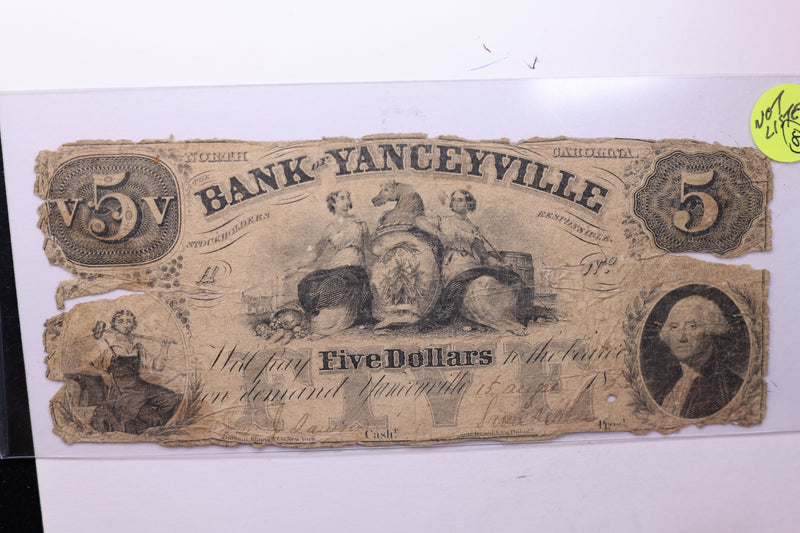 1855 $5, Yanceyville, N.C., Obsolete Currency, Affordable Collectible Currency, Sale