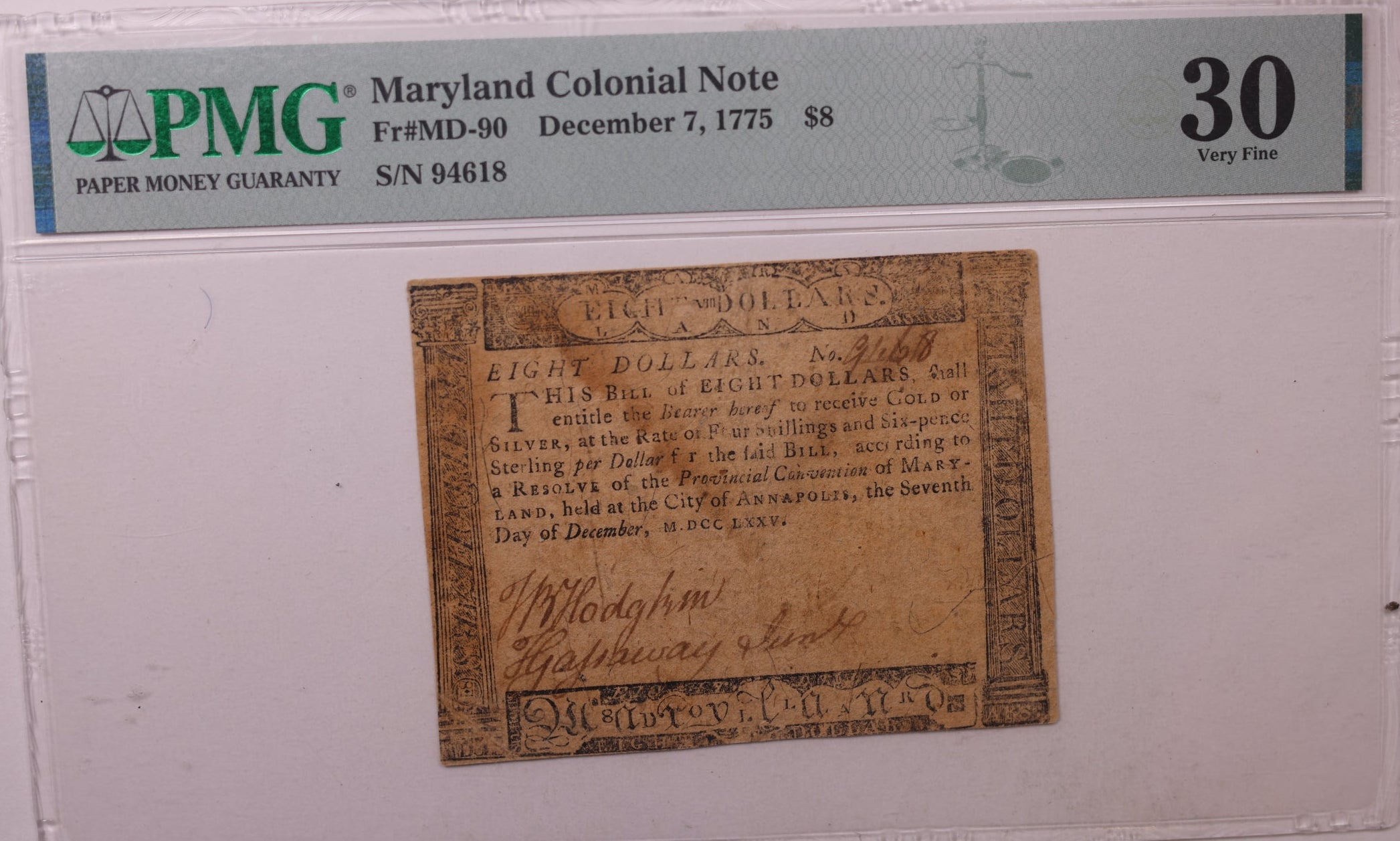 December 7, 1775, $8. Maryland Colonial Note, PMG VF30, Store #GCY014.