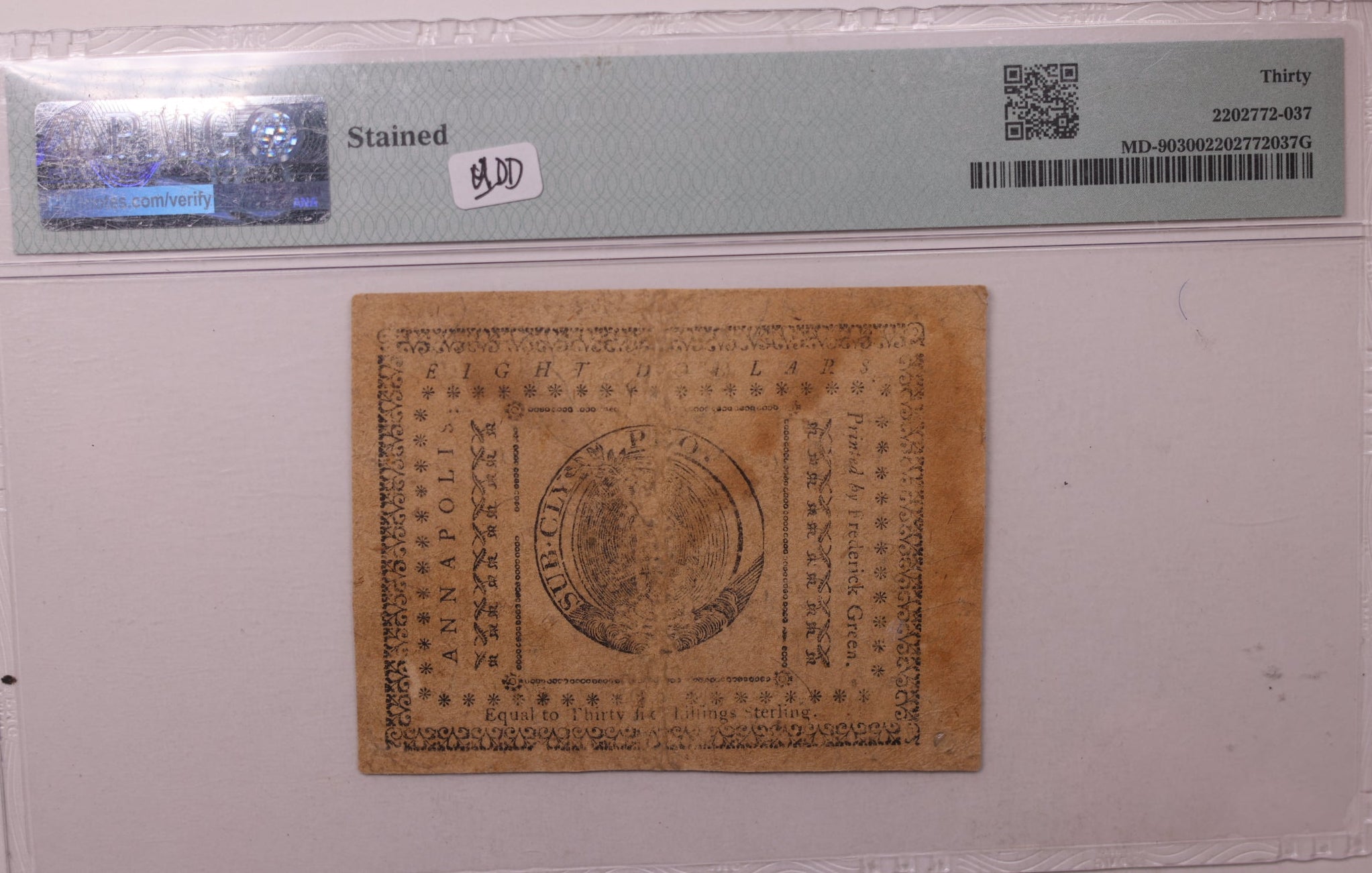 December 7, 1775, $8. Maryland Colonial Note, PMG VF30, Store #GCY014.