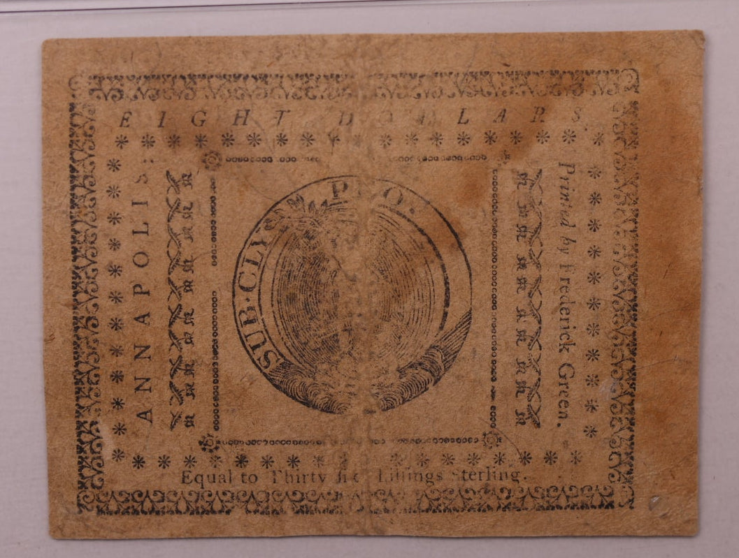 December 7, 1775, $8. Maryland Colonial Note, PMG VF30, Store #GCY014.