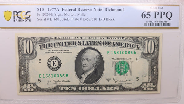 1977 A, $10 Federal Reserve Note., PCGS CU-65, PPQ., Store #GFRB025