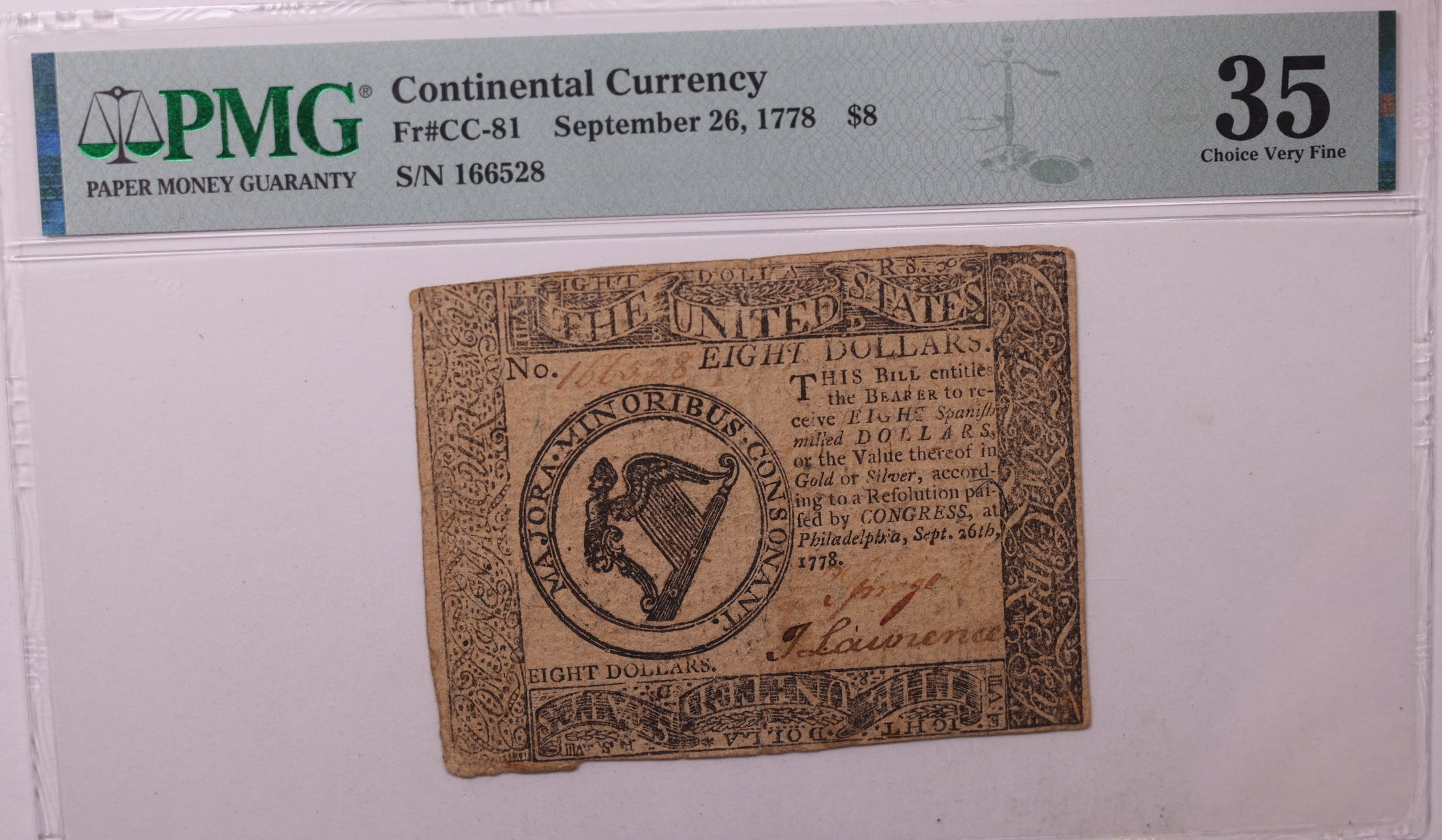 September 26, 1778, $8. Continental Colonial Note, PMG VF35, Store #GCY015.