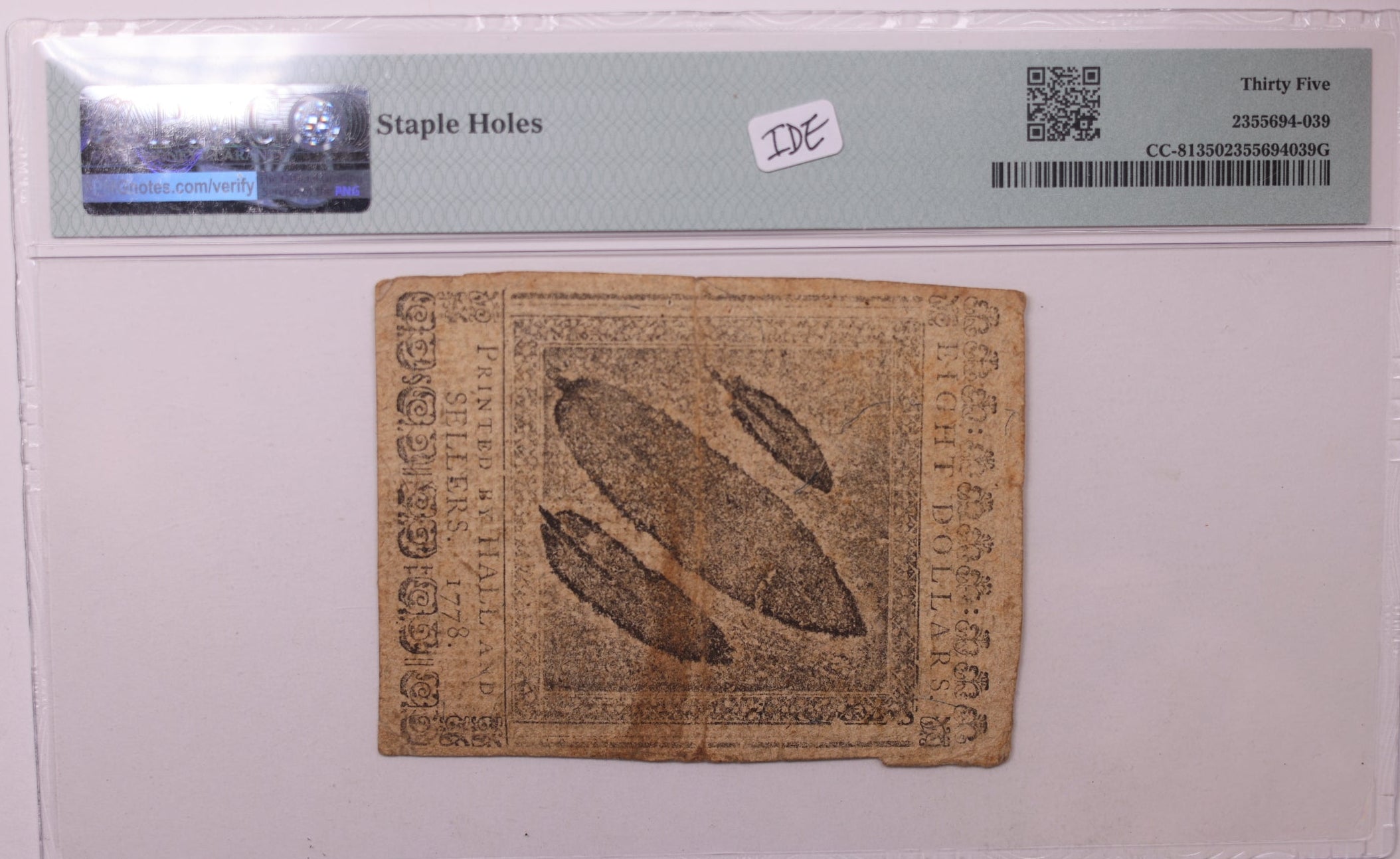 September 26, 1778, $8. Continental Colonial Note, PMG VF35, Store #GCY015.