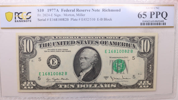 1977 A, $10 Federal Reserve Note., PCGS CU-65, PPQ., Store #GFRB024