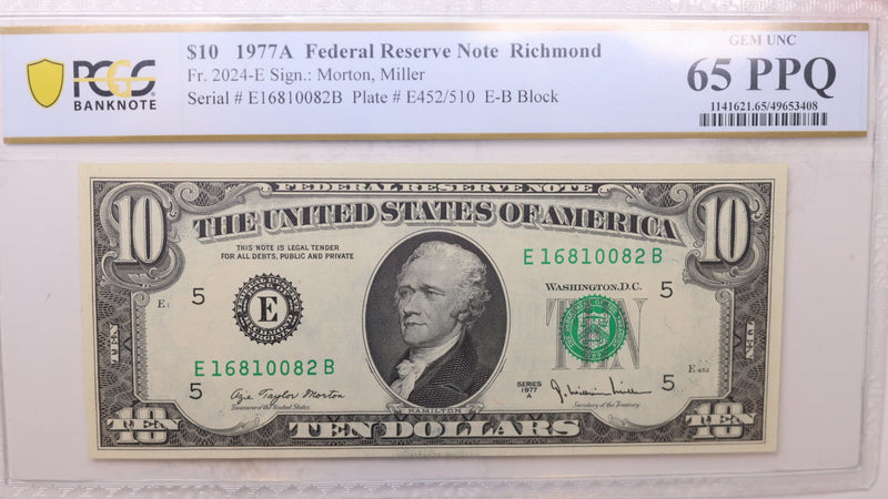 1977 A, $10 Federal Reserve Note., PCGS CU-65, PPQ., Store