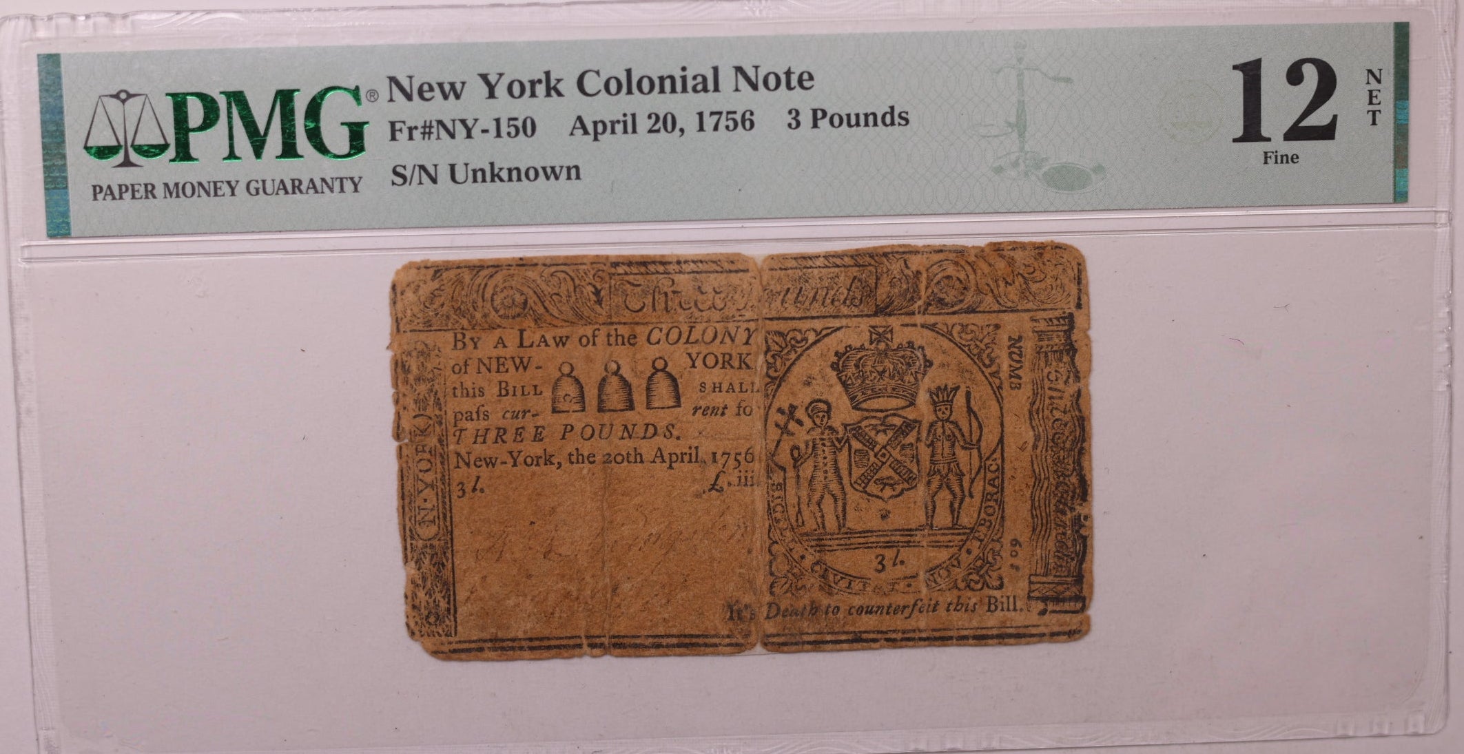 April 20, 1756, 3 Pounds. New York Colonial Note, PMG Fine-12, Store #GCY016.