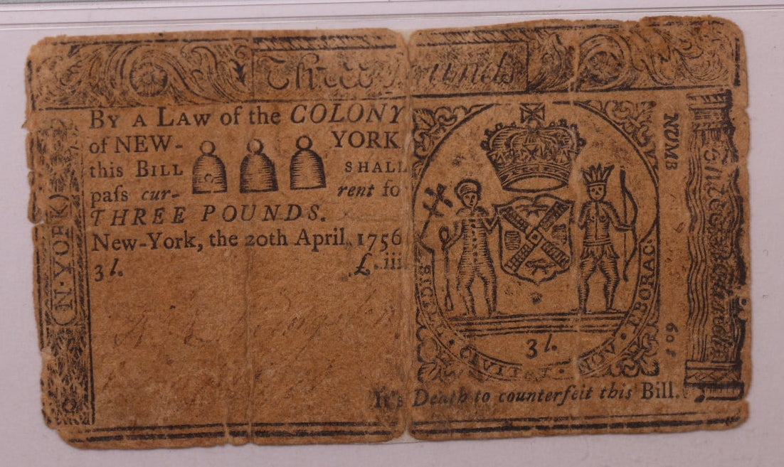 April 20, 1756, 3 Pounds. New York Colonial Note, PMG Fine-12, Store #GCY016.