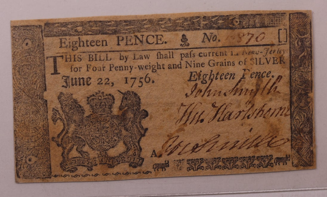 Jun 22, 1756, 18 Pence, New Jersey Colonial Note, PCGS CU-61, Store #GCY017.