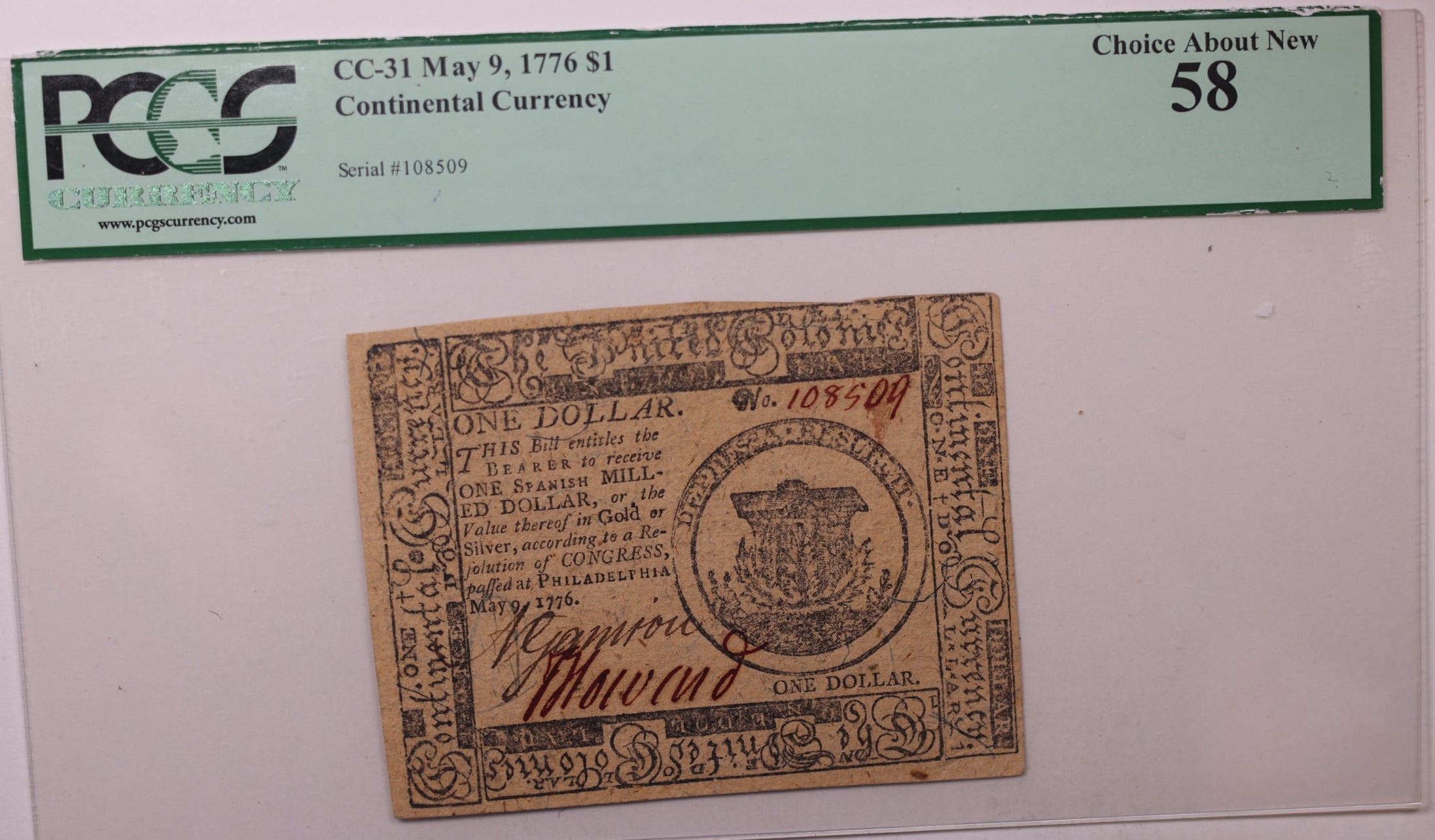 May 9, 1776, $1. Continental Colonial Note, PCGS AU-58, Store #GCY018.