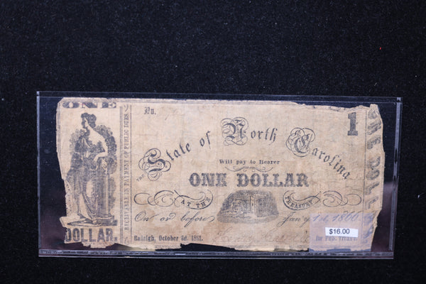 1863 $1, N.C., State Script., Obsolete Currency, Affordable Collectible Currency, Sale #353492