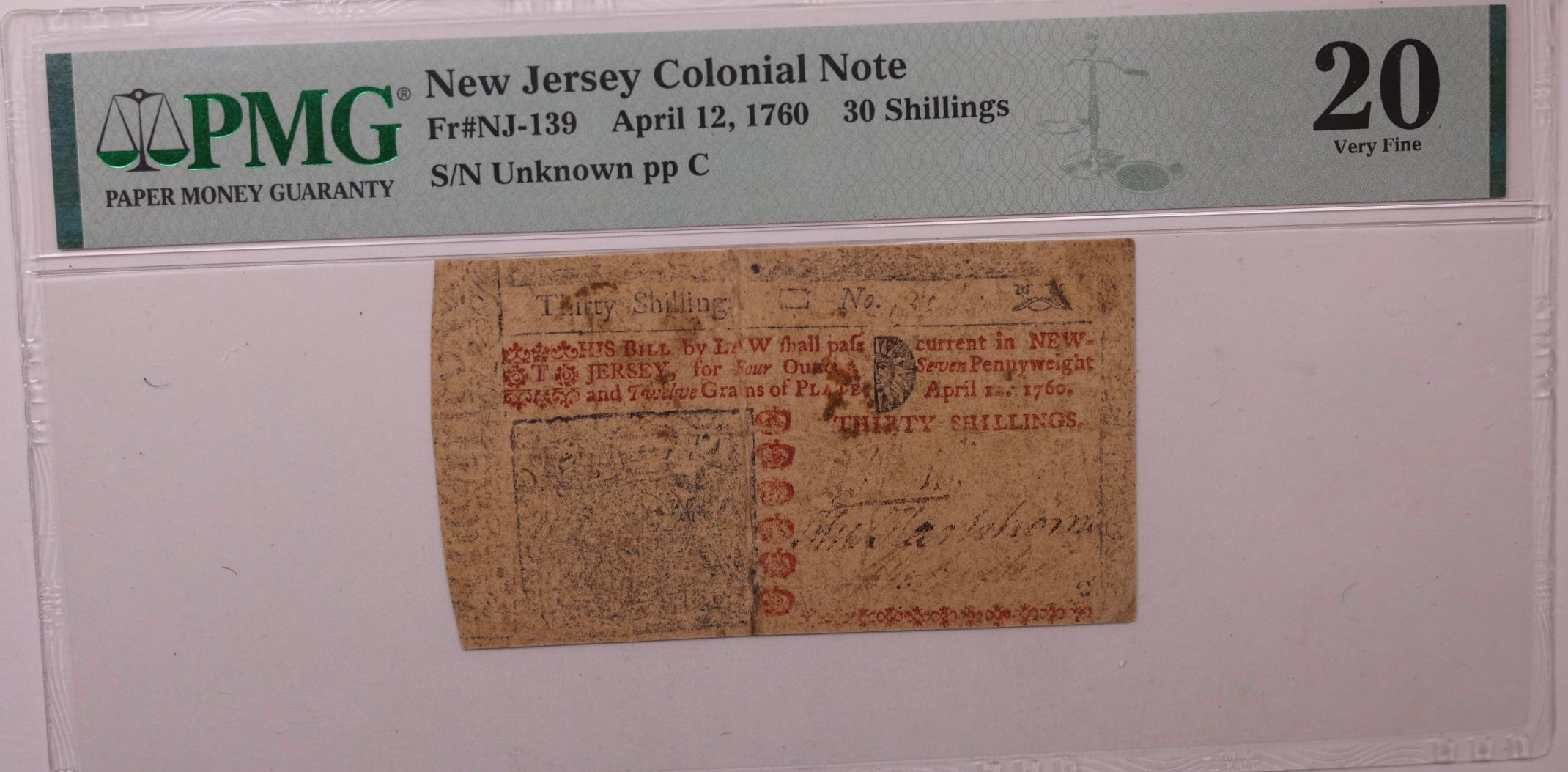 April 12, 1760, 30 Shillings. New Jersey Colonial Note, PMG VF-20, Store #GCY019.