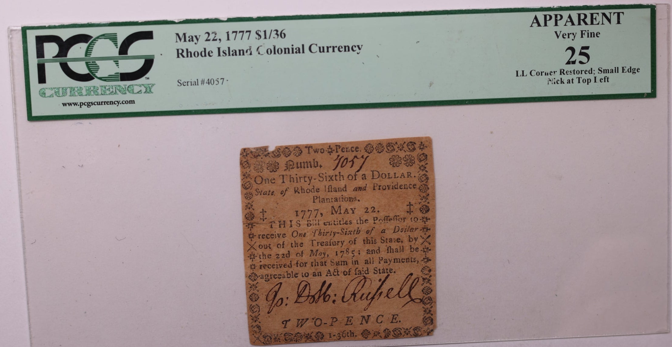 May 22, 1777, $1/36. Rhode Island Colonial Note, PCGS VF-25, Store #GCY020.