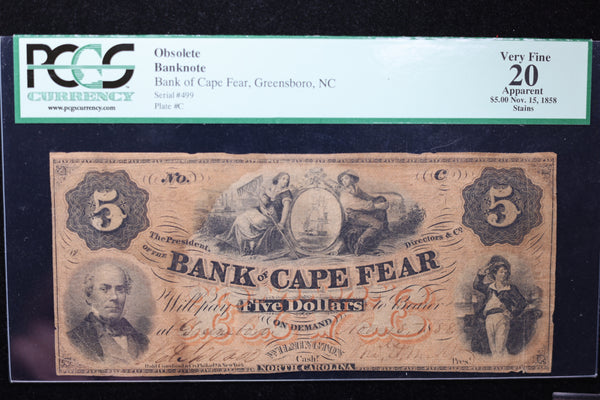 1858 $5, Greensboro, N.C., Obsolete Currency, Affordable Collectible Currency, Sale #353497