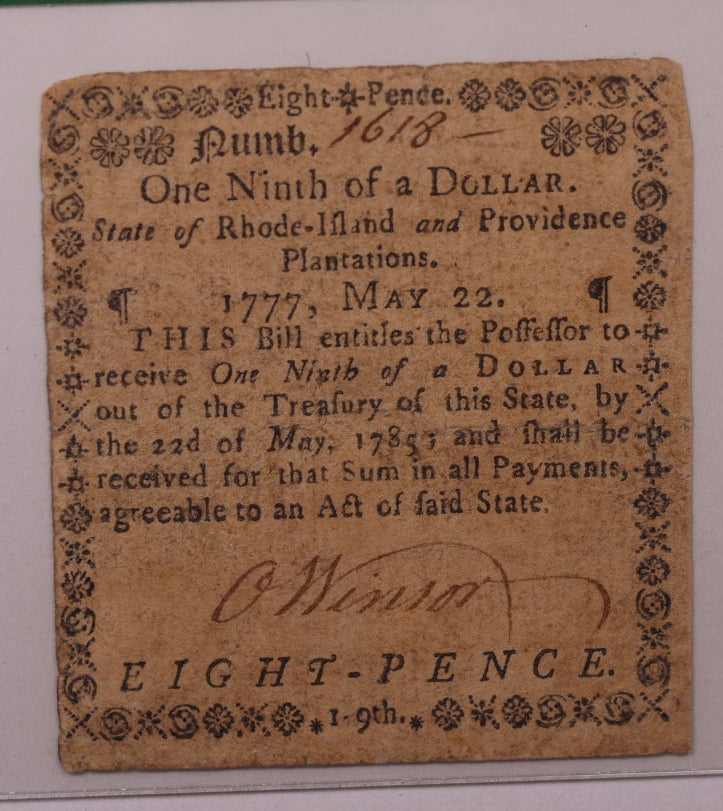 May 22, 1777, $1/9. Rhode Island Colonial Note, PCGS VF-25, Store #GCY021.