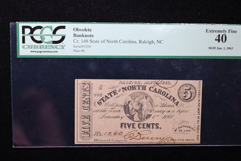 1863 5 Cent, State of N.C., Obsolete Currency, Affordable Collectible Currency, Sale
