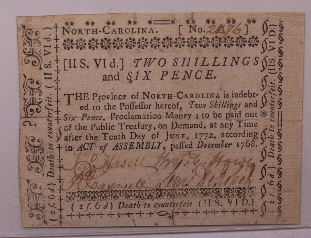 June 10, 1772, Two Shilling Six Pence, North Carolina Colonial Note, PCGS VF-35, #GCY022.