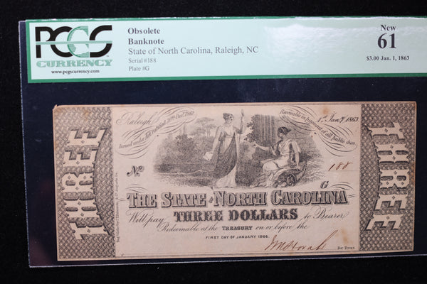 1863 $3, State of N.C., Obsolete Currency, Affordable Collectible Currency, Sale #353500
