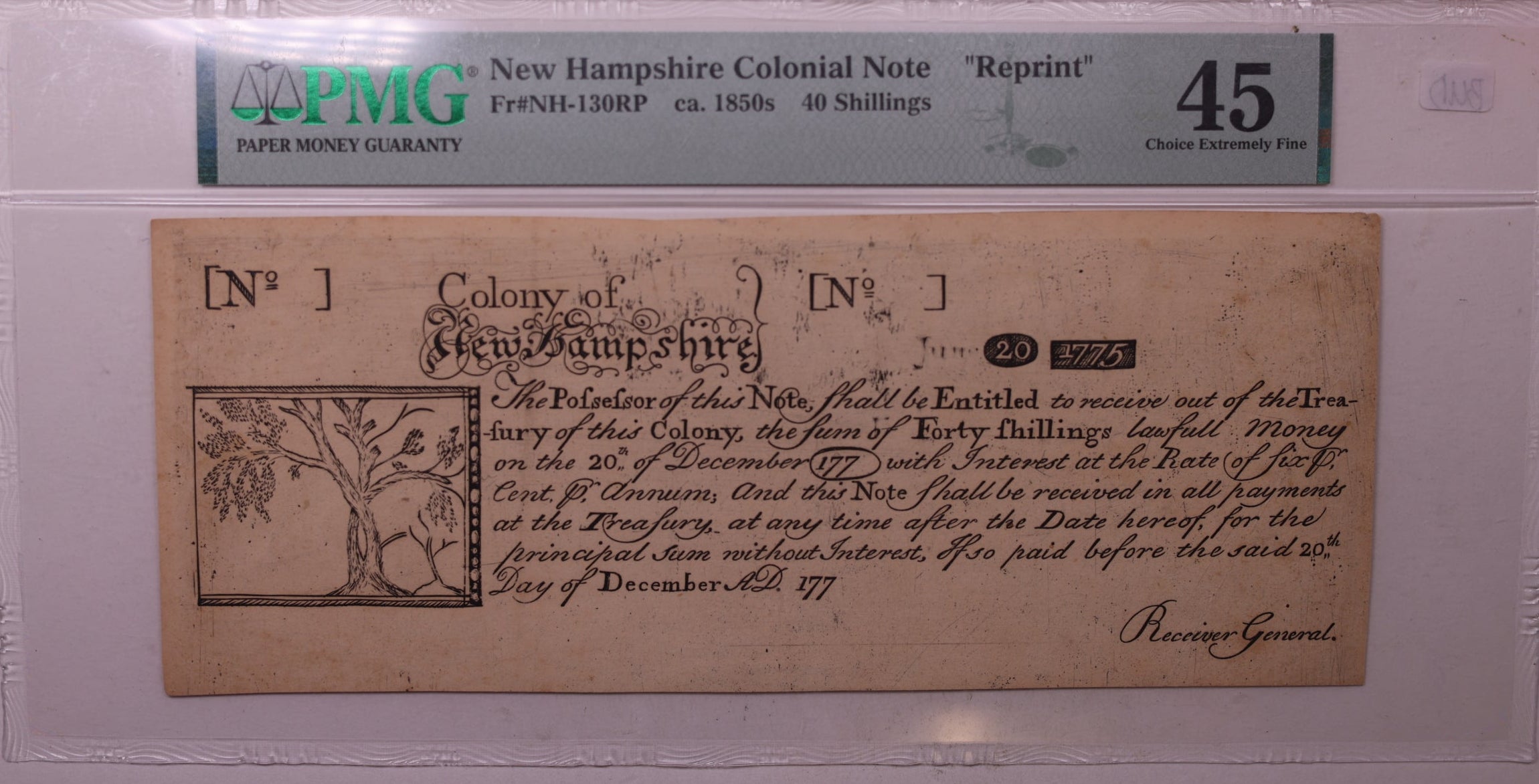 December 20th, 1775, New Hampshire Colonial Note, REPRINT, PCGS XF-45, #GCY023.