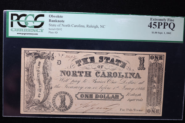 1862 $1, State of N.C., Obsolete Currency, Affordable Collectible Currency, Sale #353501