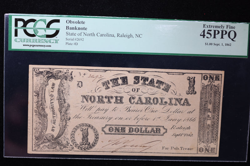1862 $1, State of N.C., Obsolete Currency, Affordable Collectible Currency, Sale