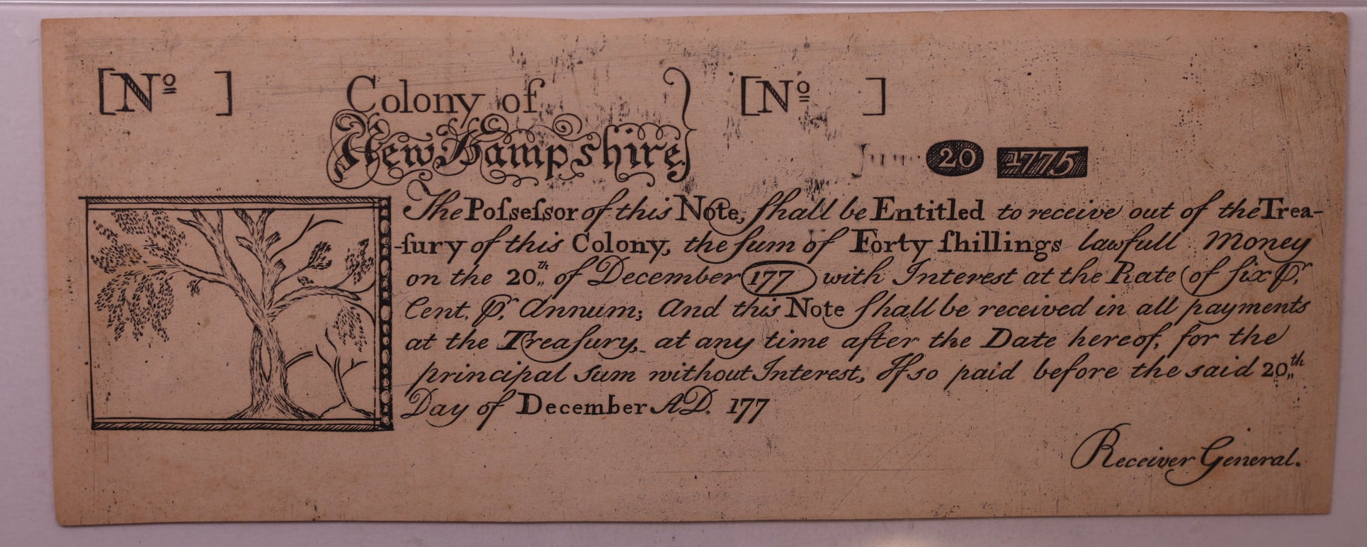 December 20th, 1775, New Hampshire Colonial Note, REPRINT, PCGS XF-45, #GCY023.