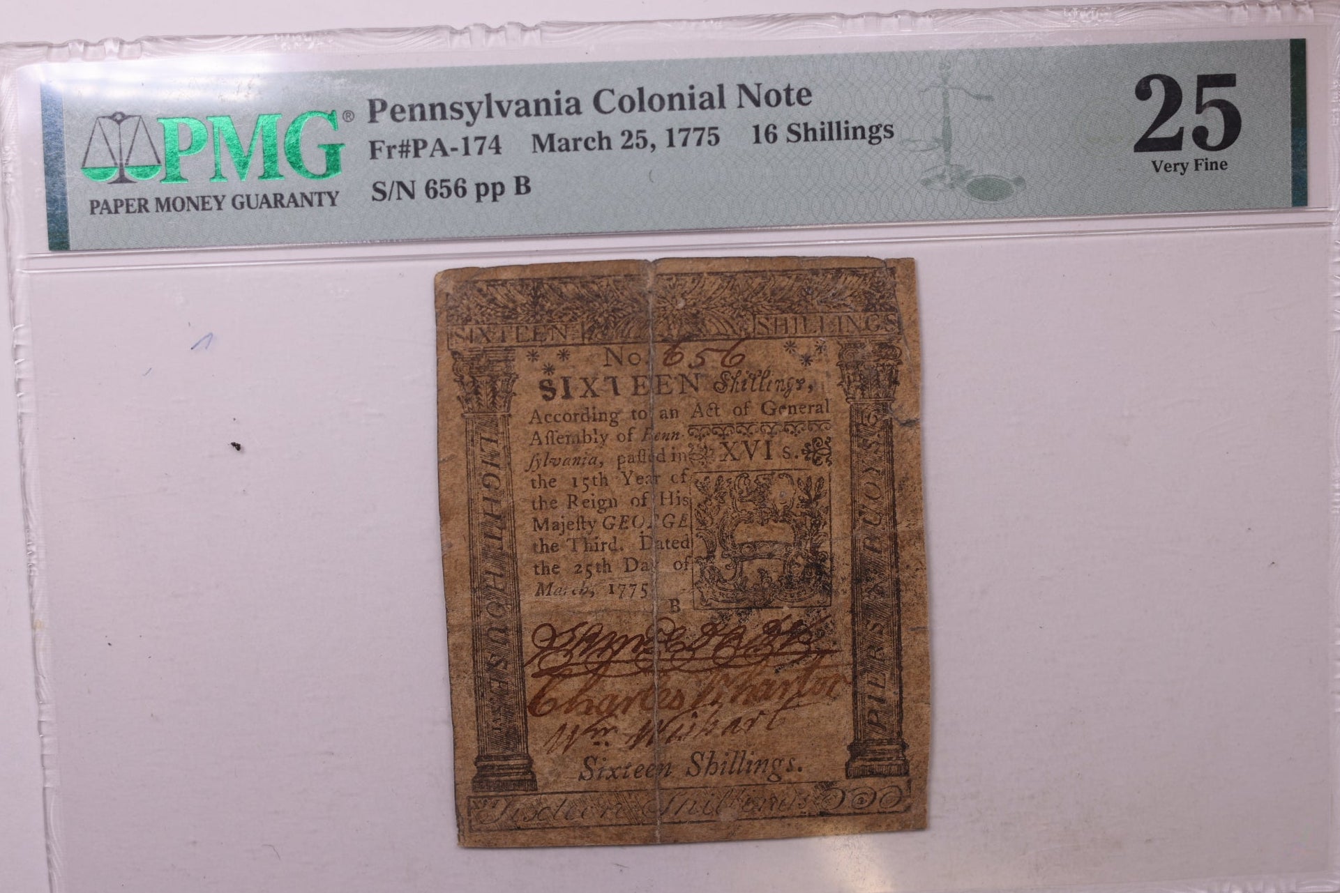 March 25, 1775, 16 Shillings. Pennsylvania Colonial Note, PMG VF-25, Store #GCY025.