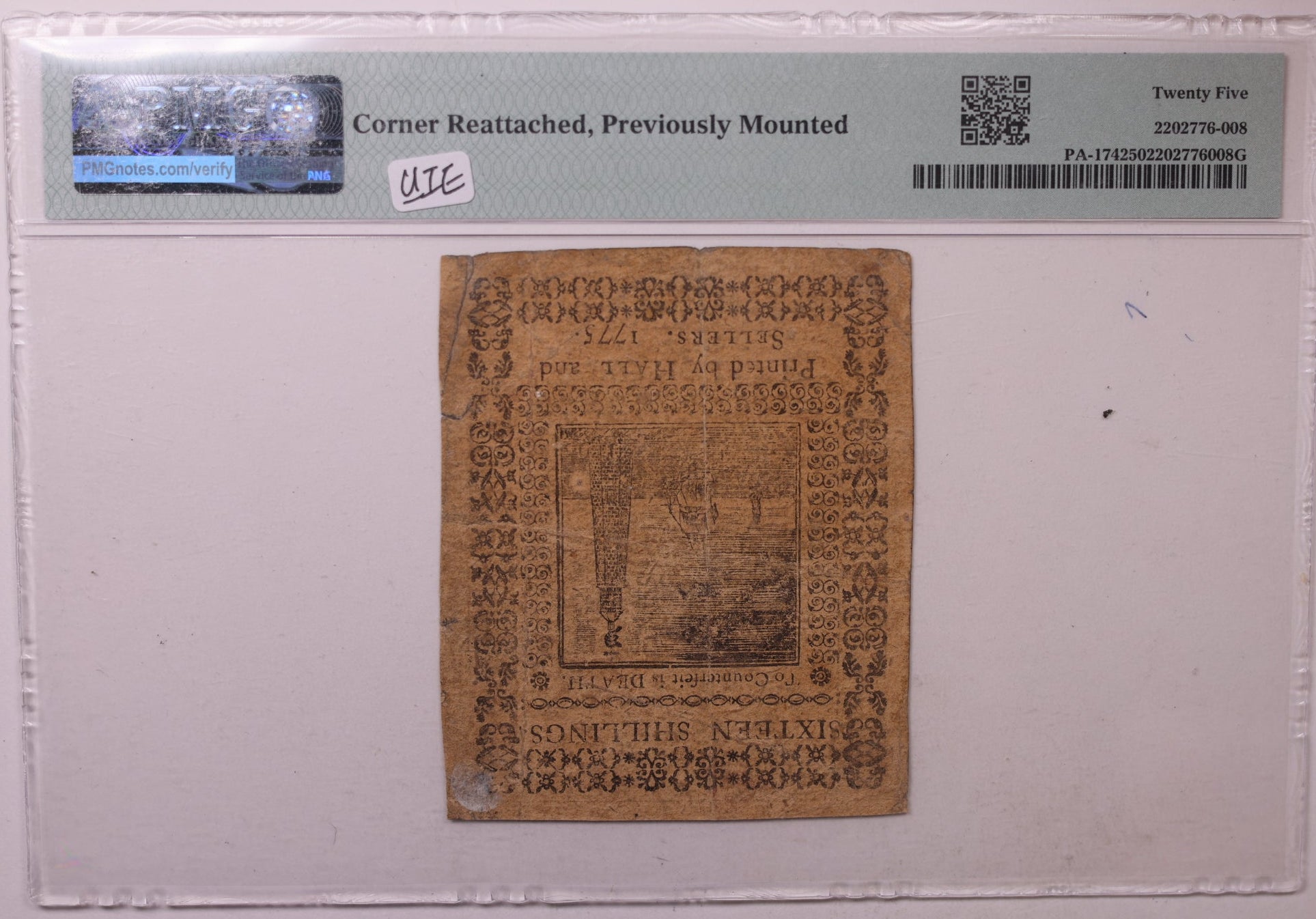 March 25, 1775, 16 Shillings. Pennsylvania Colonial Note, PMG VF-25, Store #GCY025.