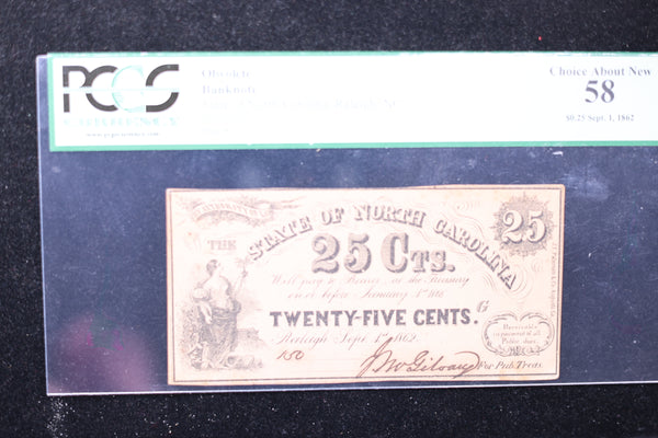 1862 25 Cent, State of N.C., Obsolete Currency, Affordable Collectible Currency, Sale #353504