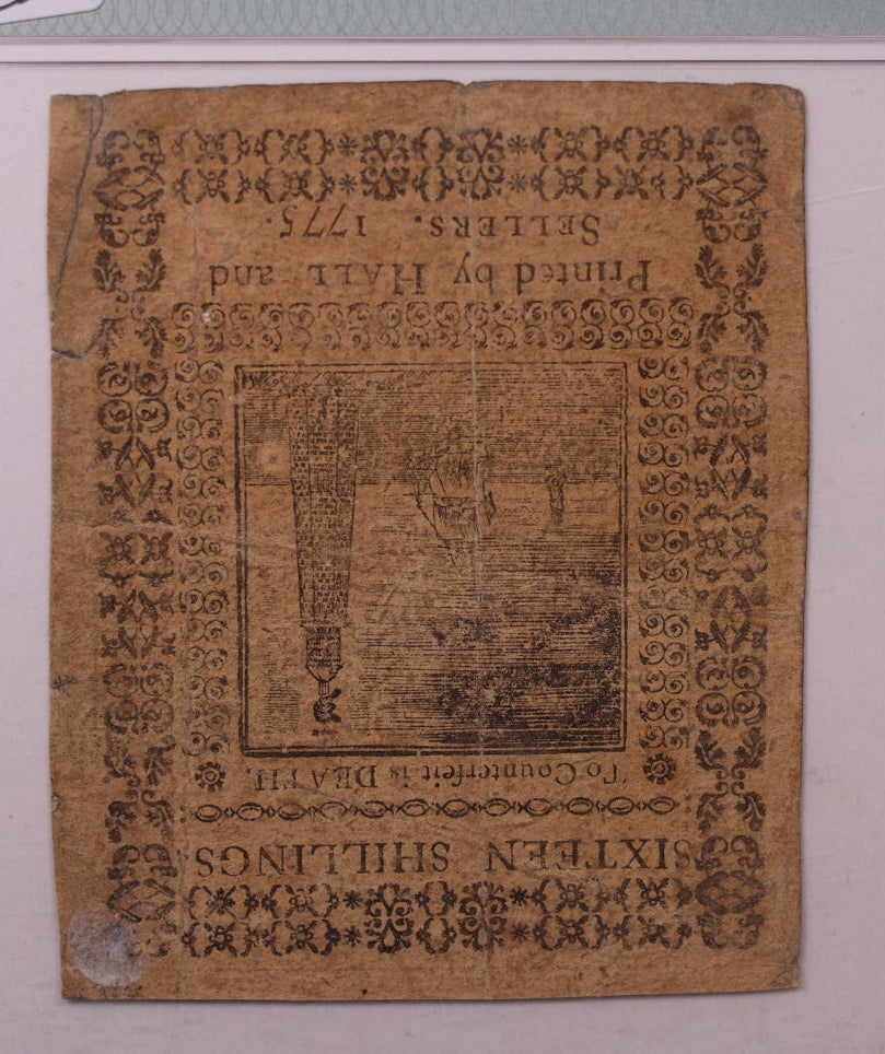 March 25, 1775, 16 Shillings. Pennsylvania Colonial Note, PMG VF-25, Store #GCY025.