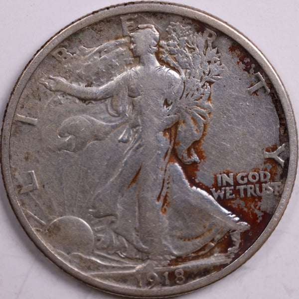 1918 Walking Liberty Half Dollar, Very Good+ Circulated Coin, Store #HR0497