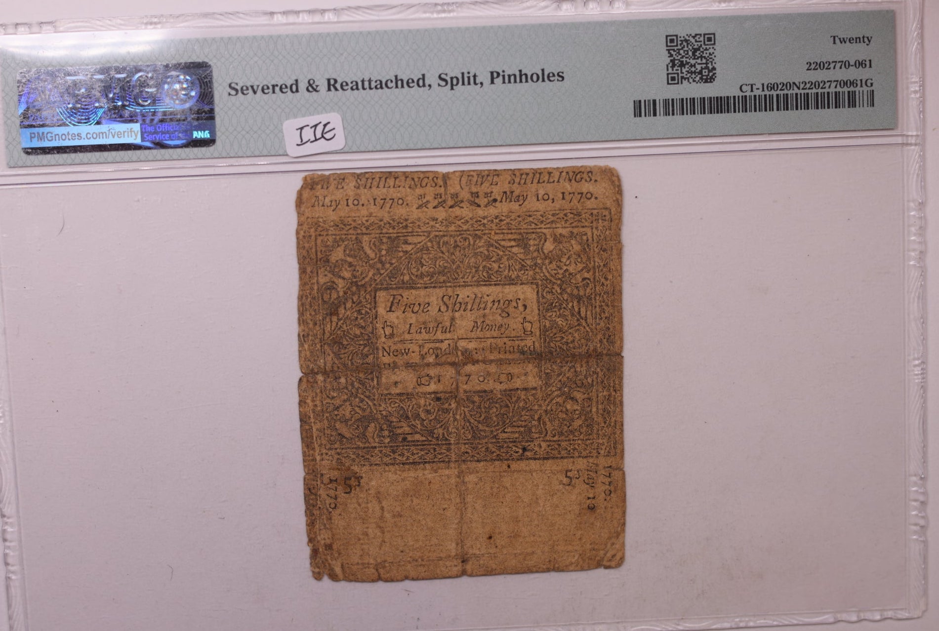 May 10, 1770, 5 Shillings. Connecticut Colonial Note, PMG VF-20, Store #GCY026.