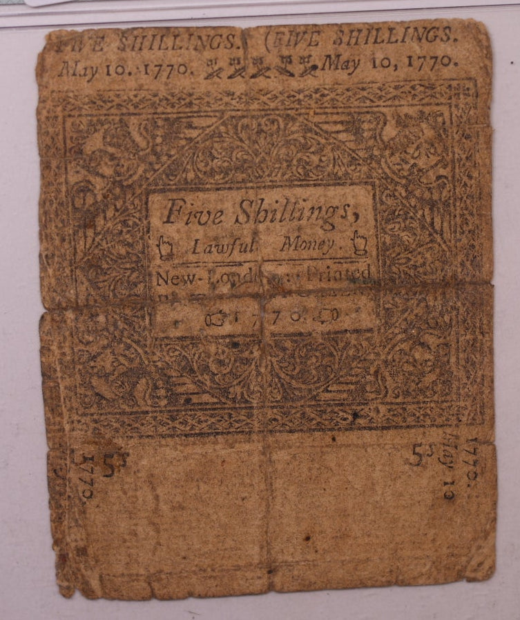 May 10, 1770, 5 Shillings. Connecticut Colonial Note, PMG VF-20, Store #GCY026.