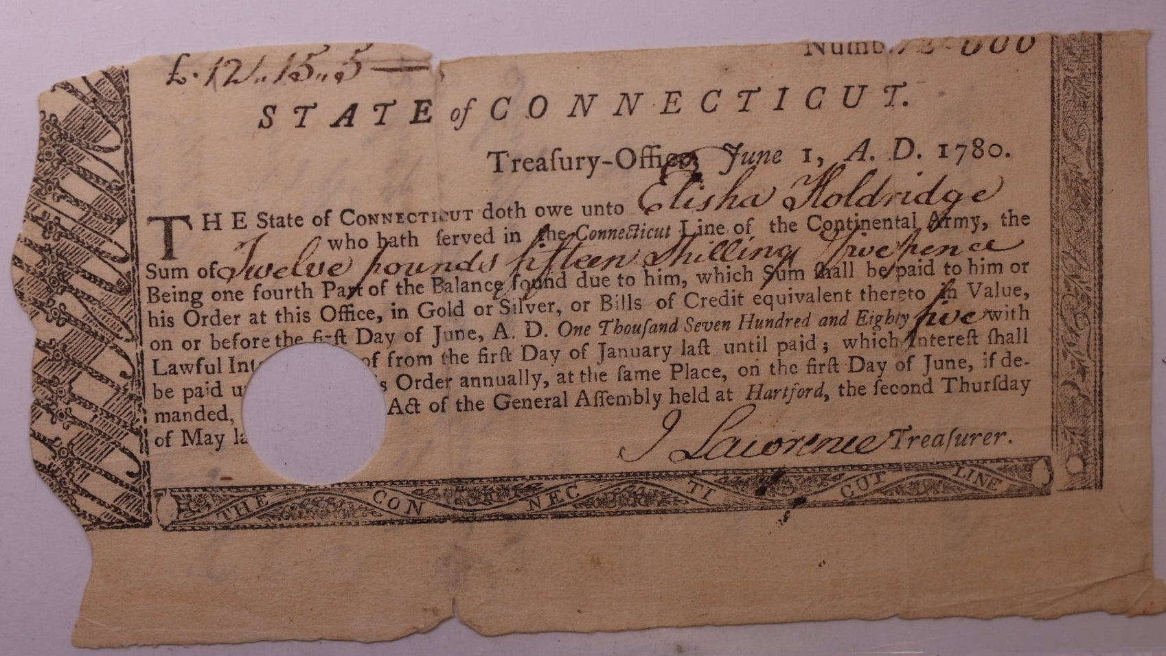 June 1, 1780, Hartford, Connecticut. "CONTINENTAL ARMY", PMG VF-20, Store #GCY027.