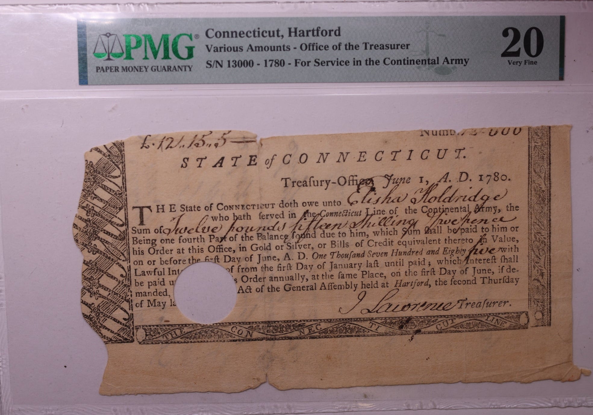 June 1, 1780, Hartford, Connecticut. "CONTINENTAL ARMY", PMG VF-20, Store #GCY027.