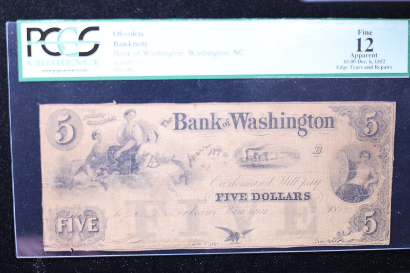 1852 $5, Washington, N.C., Obsolete Currency, Affordable Collectible Currency, Sale