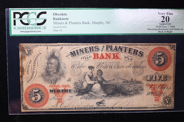 1860 $5, Miners & Planters, N.C., Obsolete Currency, Affordable Collectible Currency, Sale #353511
