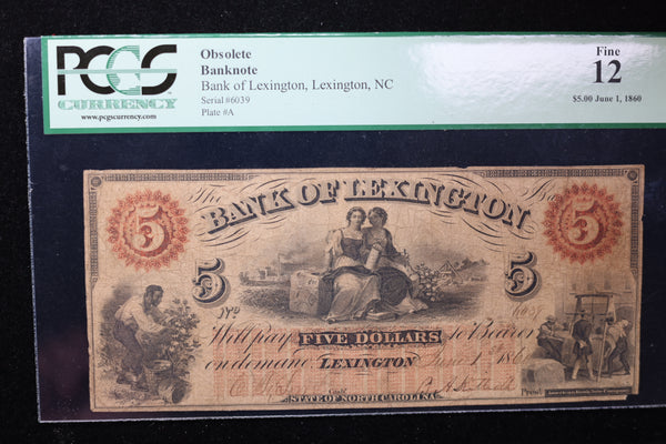 1860 $5, Lexington, N.C., Obsolete Currency, Affordable Collectible Currency, Sale #353514