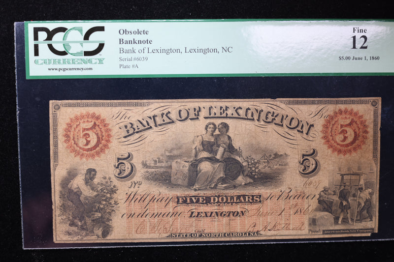 1860 $5, Lexington, N.C., Obsolete Currency, Affordable Collectible Currency, Sale